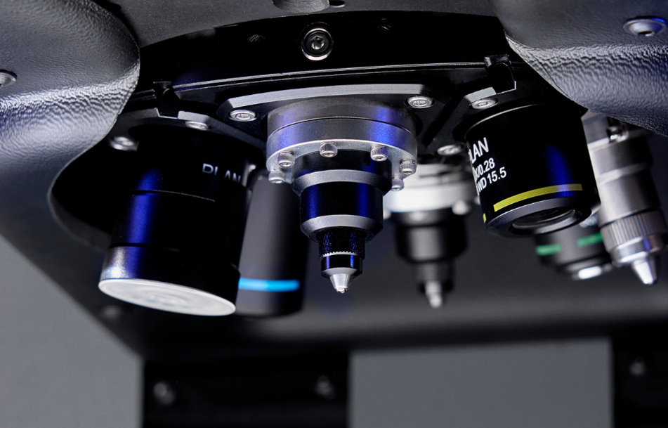 Close-up of the DuraVista 80 hardness tester turret with multiple objective lenses and indenters