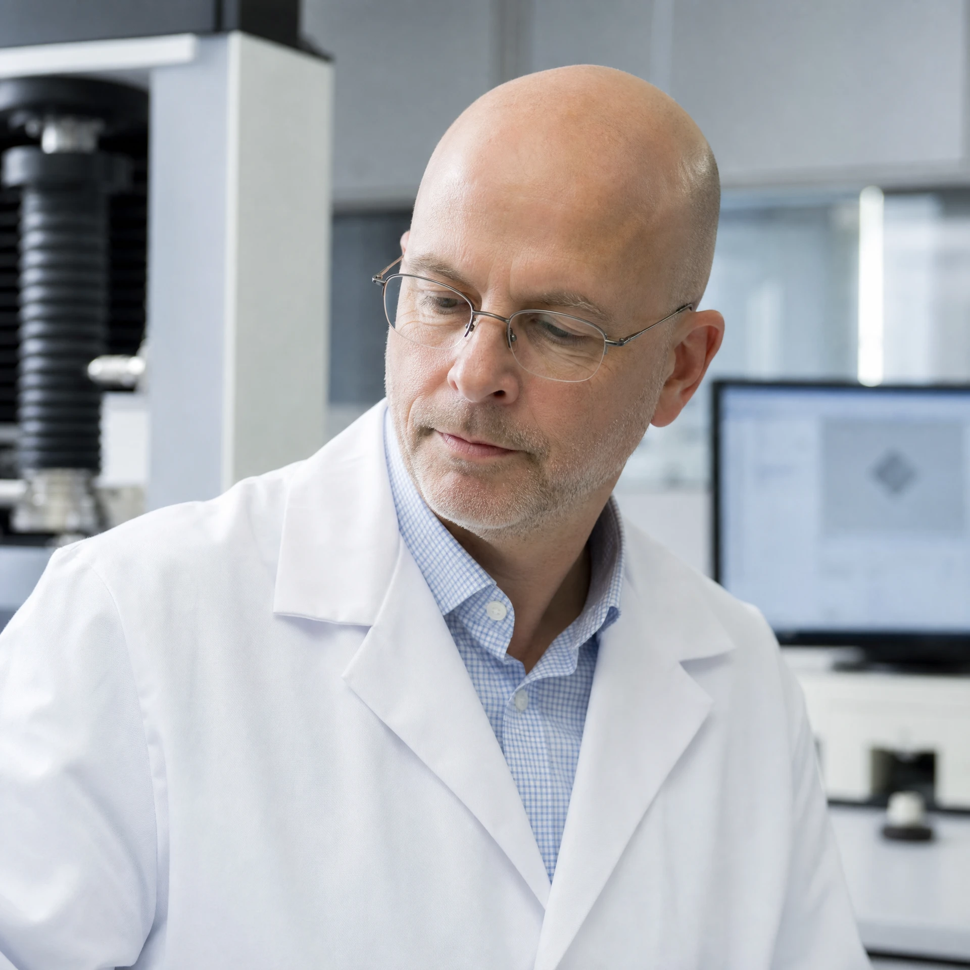 Struers application specialist examining a specimen in a materials testing laboratory
